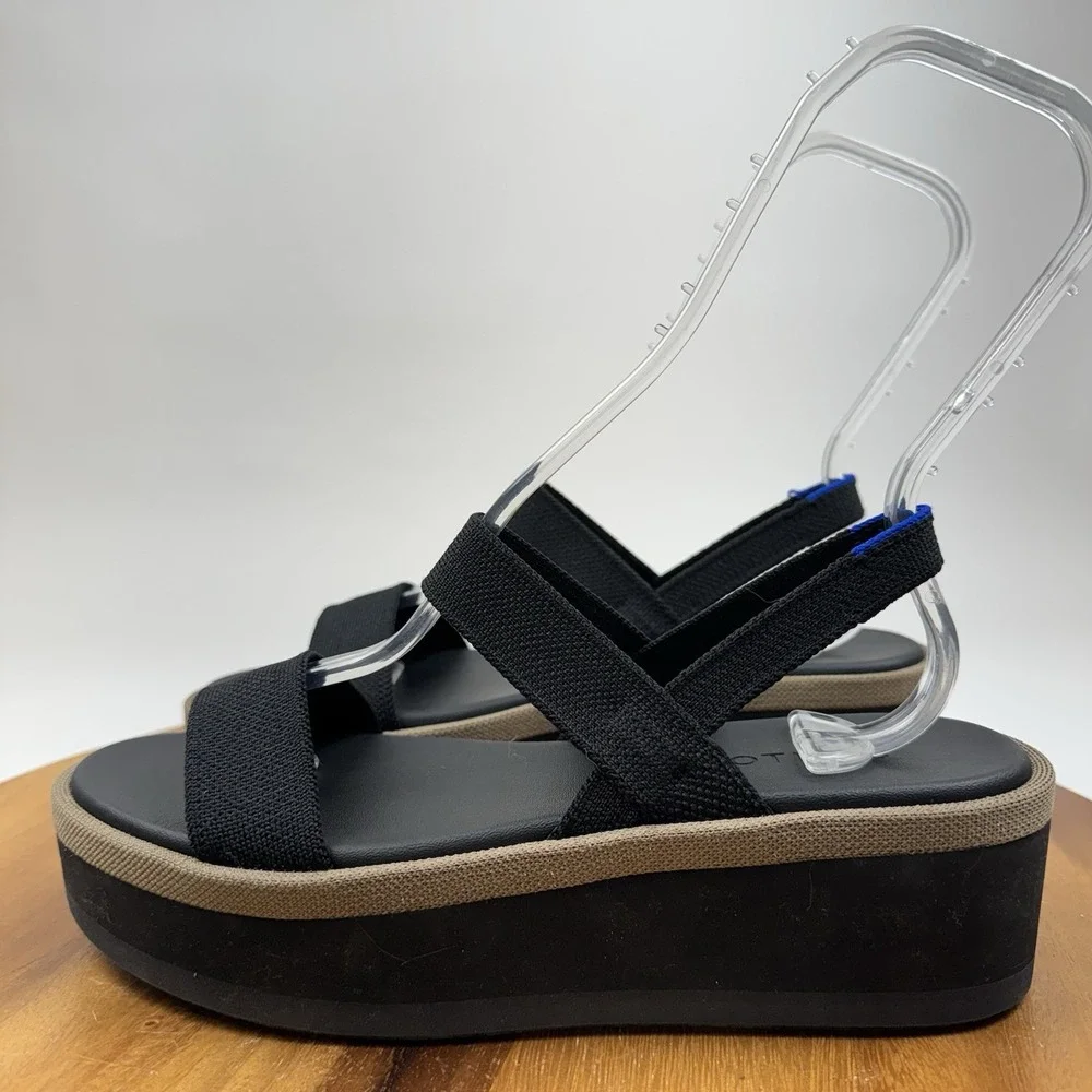 New Womens Rothys The Lightweight Wedge Black Knit Platform Sandals Size 8.5 M